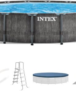 Intex Prism Frame Round Above Ground Outdoor Swimming Pool Set with Filter Pump, Ladder, Ground Cloth, and Pool Cover, Greywood
