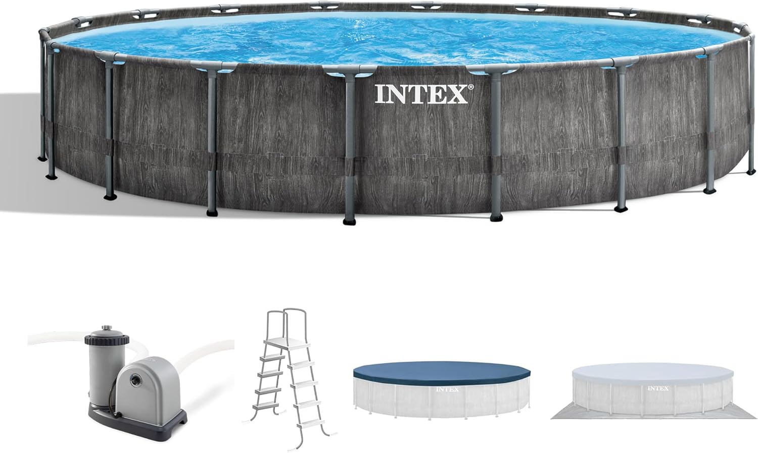 Intex Prism Frame Round Above Ground Outdoor Swimming Pool Set with Filter Pump, Ladder, Ground Cloth, and Pool Cover, Greywood Intex Prism Frame Round Above Ground Outdoor Swimming Pool Set with Filter Pump, Ladder, Ground Cloth, and Pool Cover, Greywood