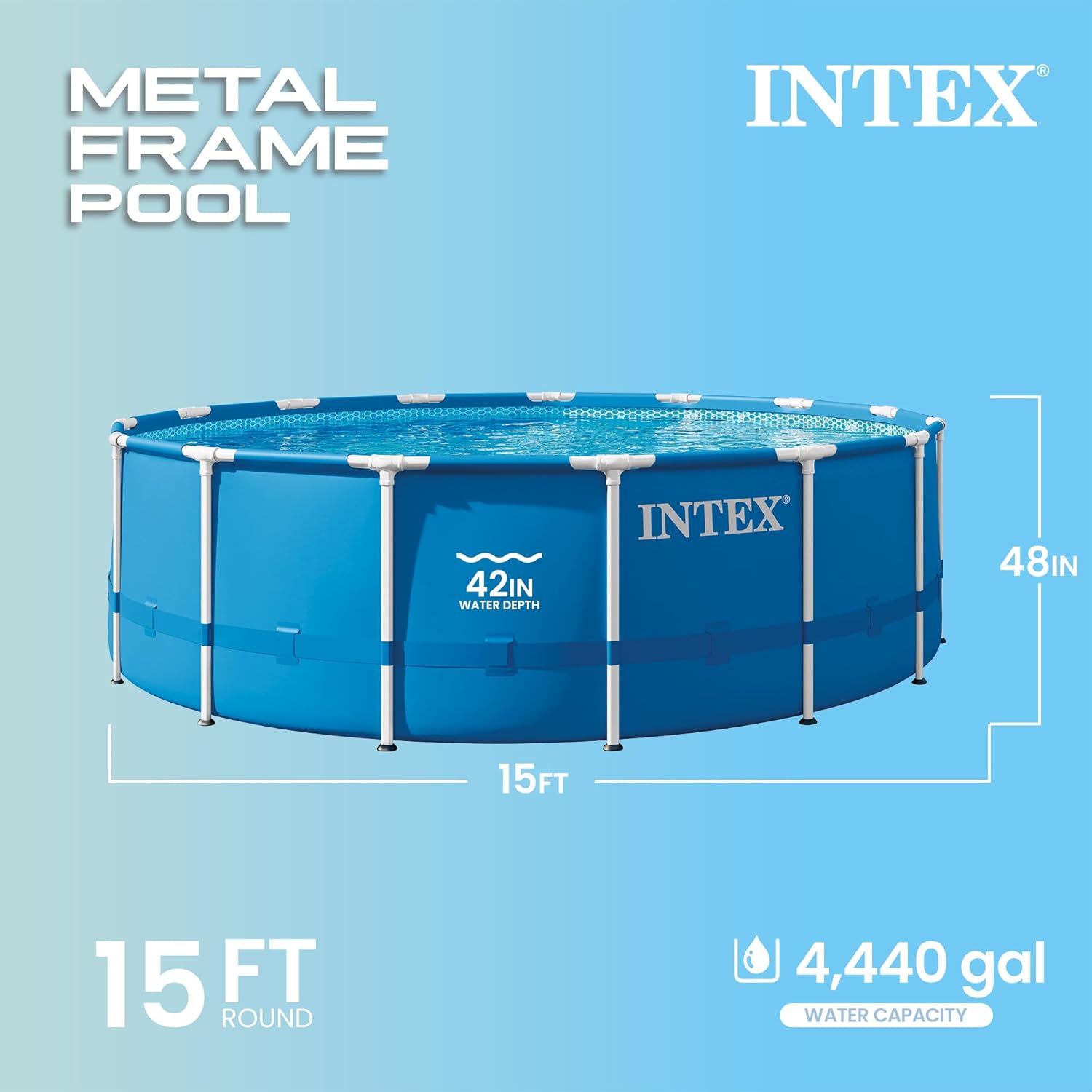 Intex Metal Frame 15' x 48" Round Above Ground Swimming Pool Set with Filter Pump, Ladder, and Cover with Maintenance Accessory Vacuum and Skimmer Kit Intex Metal Frame 15' x 48" Round Above Ground Swimming Pool Set with Filter Pump, Ladder, and Cover with Maintenance Accessory Vacuum and Skimmer Kit - Image 2