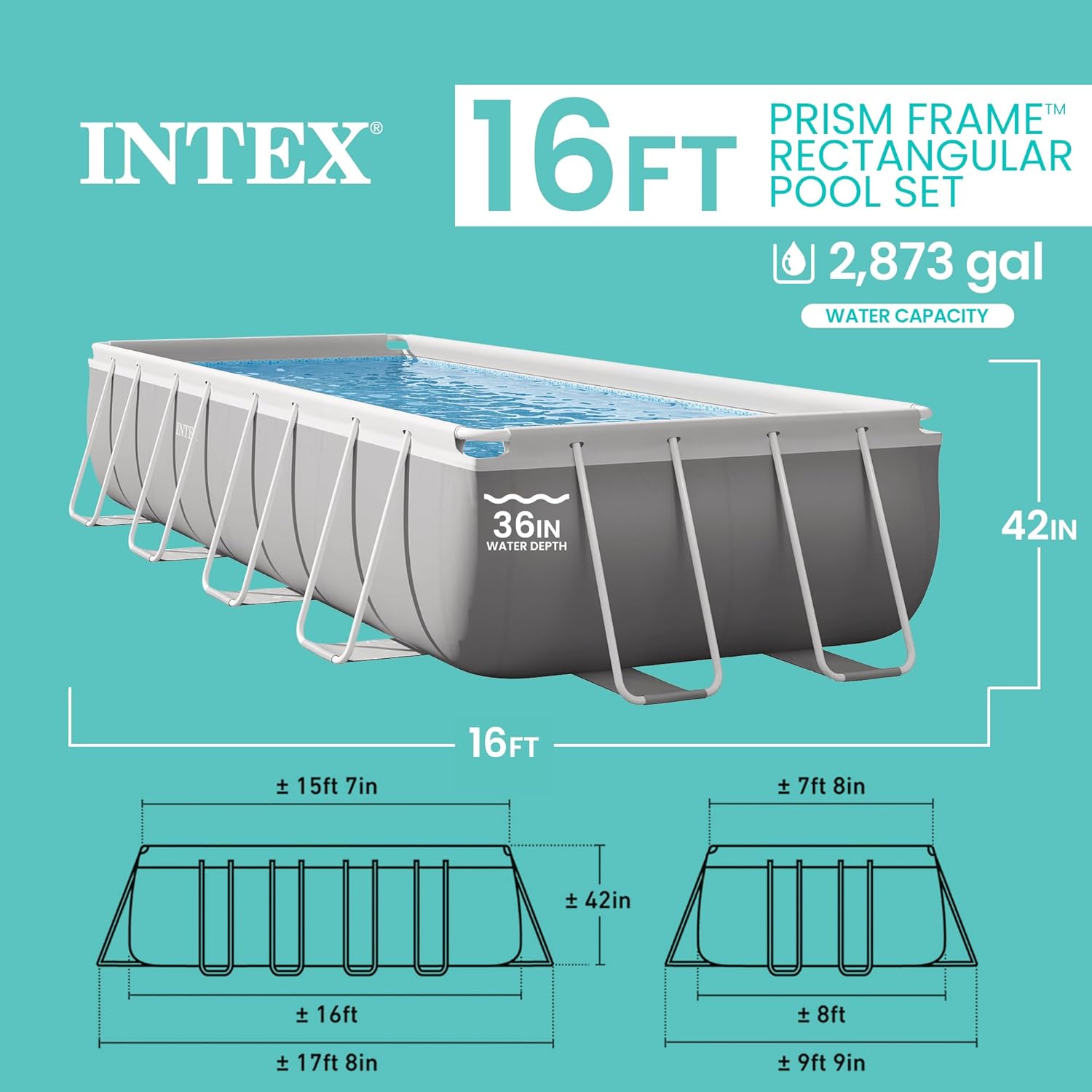 INTEX 26791EH Prism Frame Premium Rectangular Above Ground Swimming Pool Set: 16ft x 8ft x 42in – Complete Set Includes 1000 GPH Cartridge Filter Pump INTEX 26791EH Prism Frame Premium Rectangular Above Ground Swimming Pool Set: 16ft x 8ft x 42in – Complete Set Includes 1000 GPH Cartridge Filter Pump - Image 3