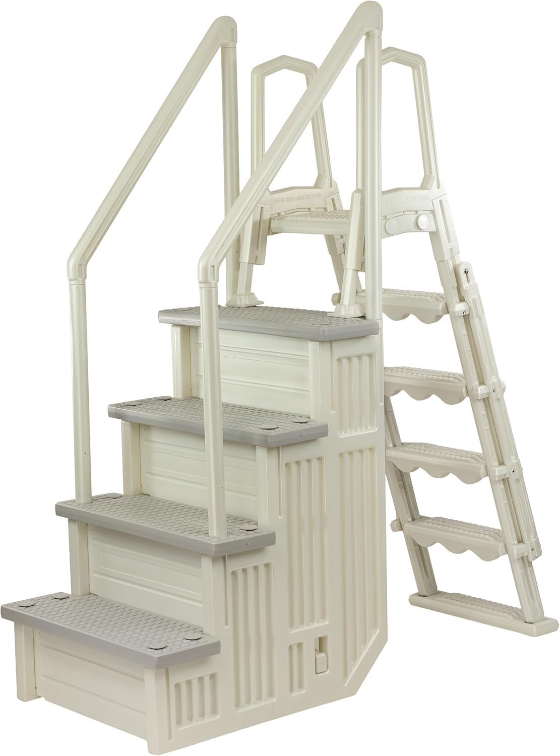 Aqua Select Everest in Pool Step and Outside Flip Up Entry System | Pearl White w/Cloud Gray Treads | Above Ground Swimming Pools | Wide Steps Add Stability | Safety Stairs Capacity Up to 350 lbs