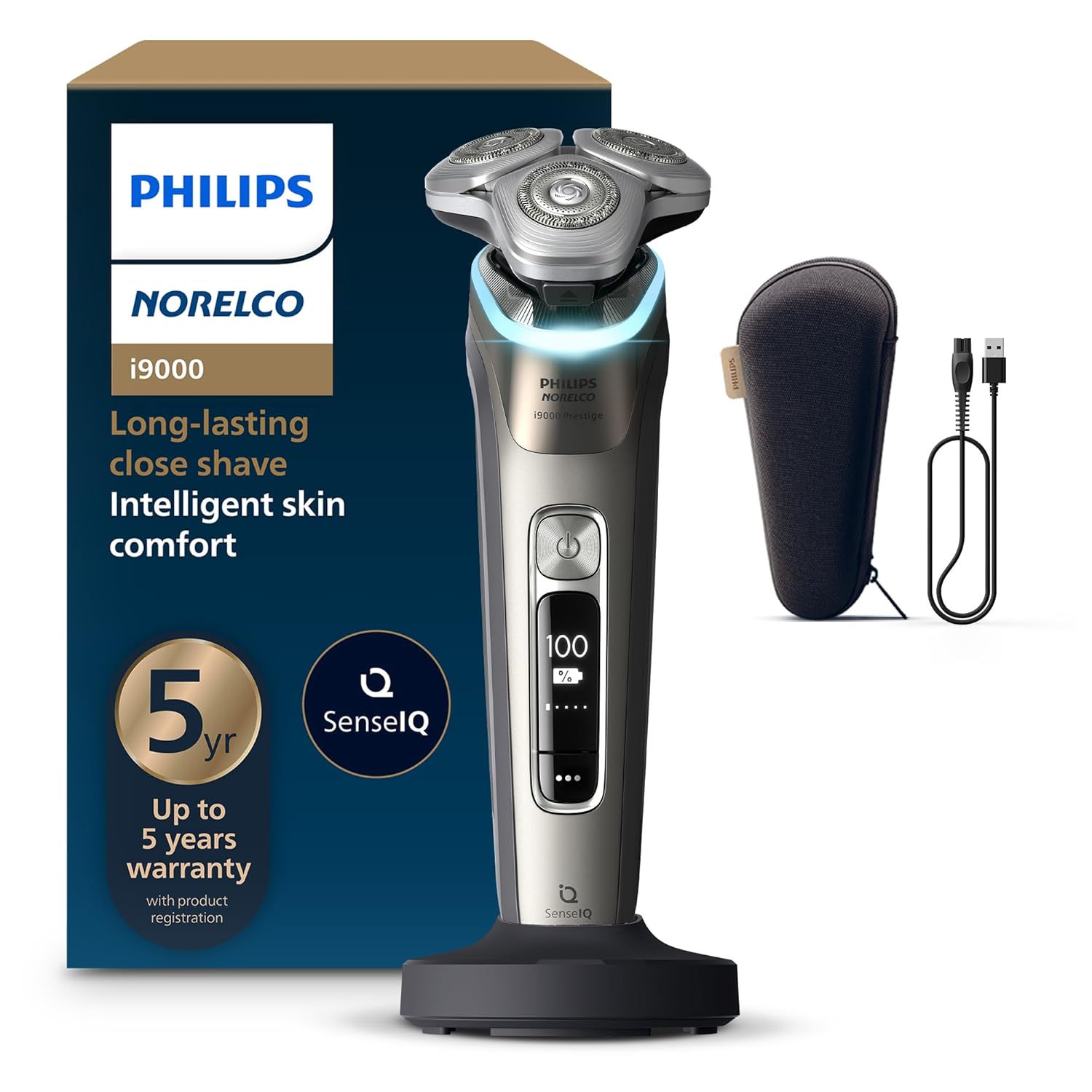 Philips Norelco Shaver i9000 Prestige - Wet & Dry Electric Shaver, Gold Oyster, Sense IQ Technology, Triple Lift & Cut System, 360 Rotating Dual SteelPrecision Blades, Quick Clean Pod, Model XP9203/81