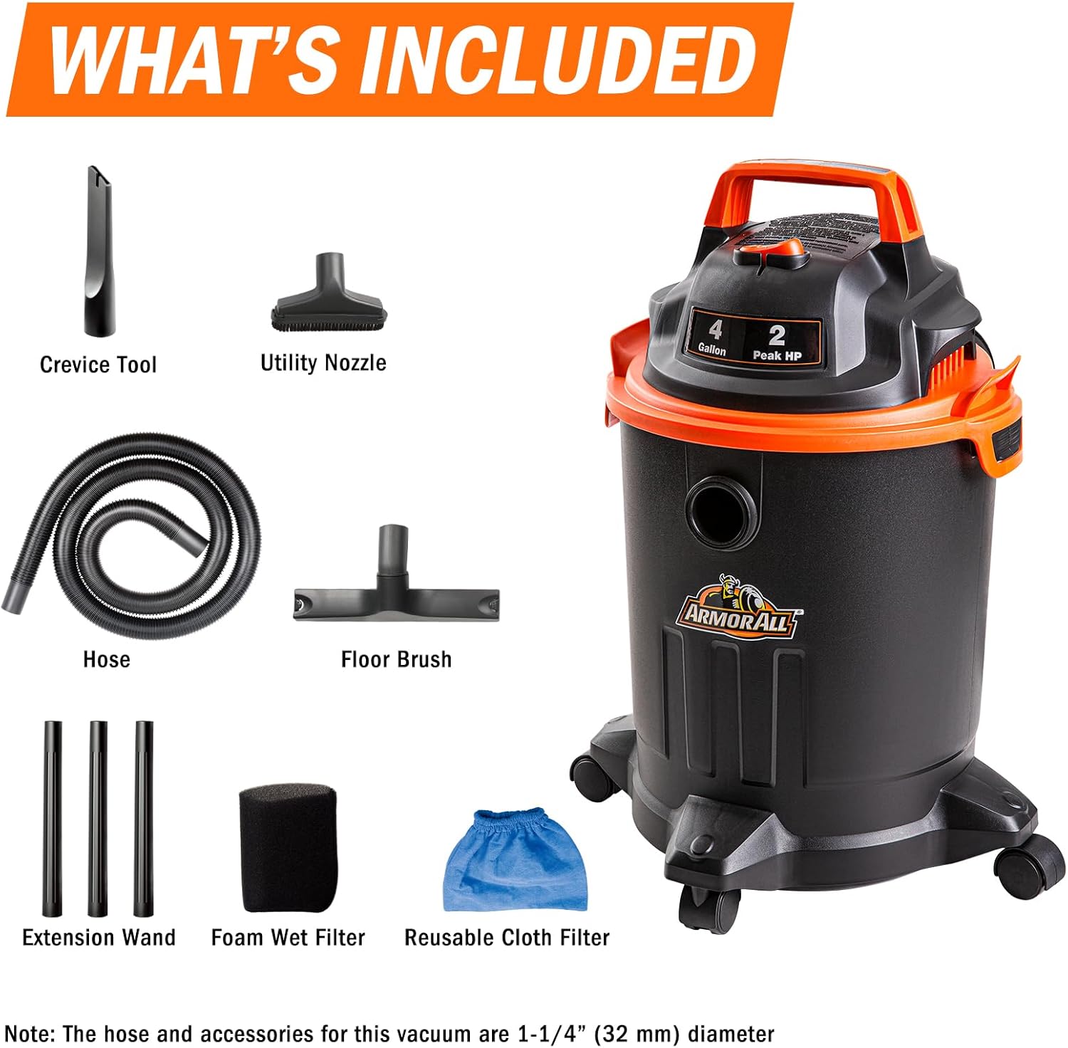 Armor All VO405P 0901 4 Gallon Wet/Dry Vac 2.0 Peak HP Shop Vacuum with Nozzles & Brush,Black/Orange Armor All VO405P 0901 4 Gallon Wet/Dry Vac 2.0 Peak HP Shop Vacuum with Nozzles & Brush,Black/Orange - Image 3
