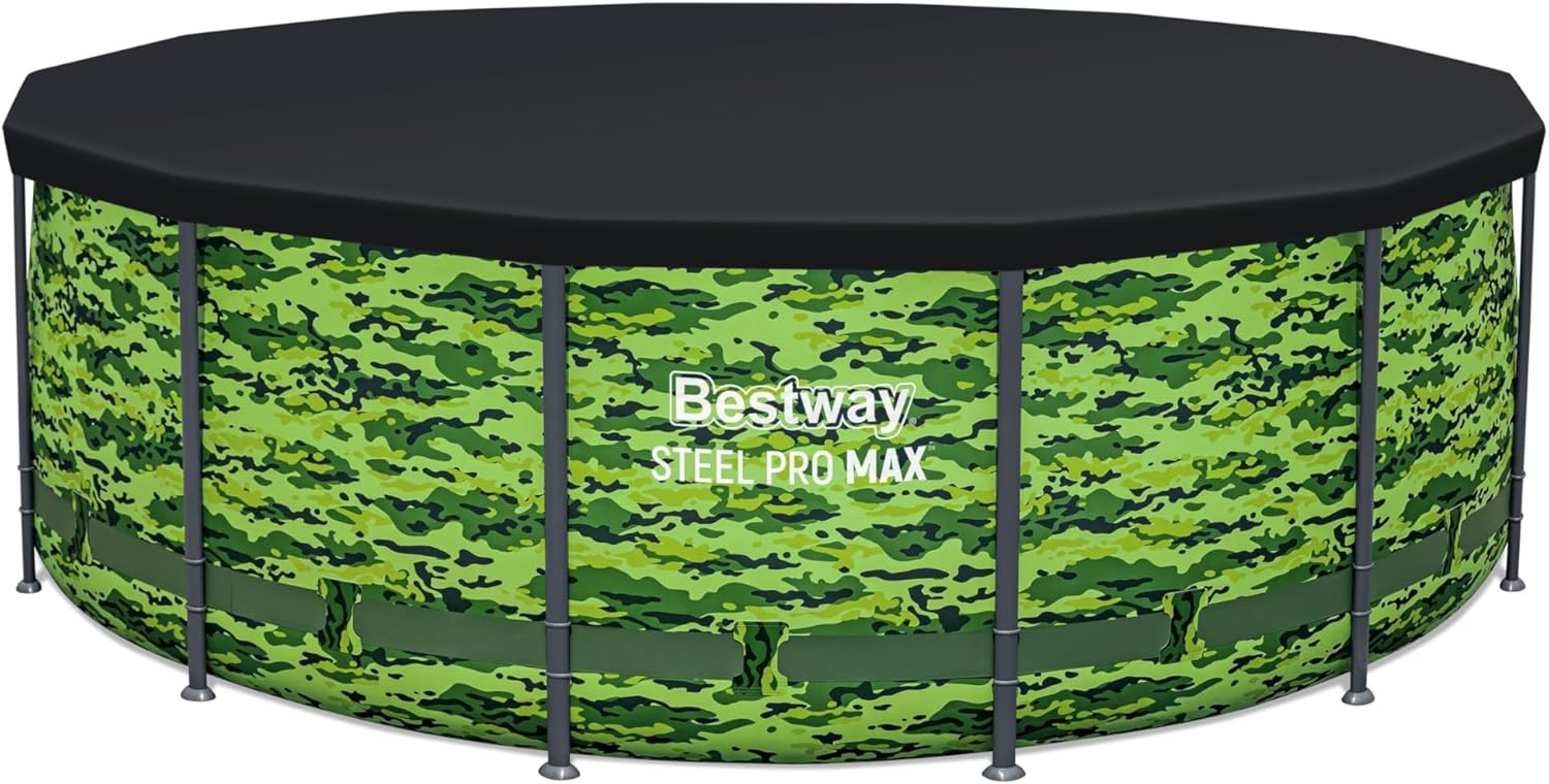 71TzgJQ0ohL._AC_SL1500_.jpg Bestway Steel Pro Max 14'x48 Camo Pool Set | Durable Construction, Easy Assembly, and All-Inclusive Accessories - Above Ground Pool Set with Filter Pump, Ladder, and Pool Cover - No Tools Required!