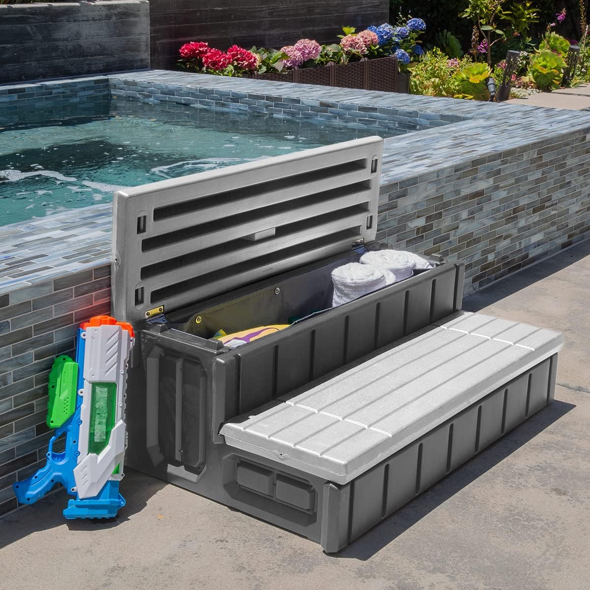 71UzWfN8CRL._AC_SL1200_.jpg XtremepowerUS Universal Heavy Duty 2-Step Spa & Hot Tub Step Porch Steps with Large Storage Compartment Non-Slip Resistant Step Stairs 36" Inches Long Stool Pool Ladder, Grey