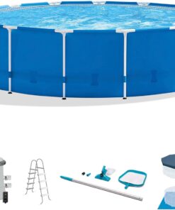 Intex Metal Frame 15' x 48" Round Above Ground Swimming Pool Set with Filter Pump, Ladder, and Cover with Maintenance Accessory Vacuum and Skimmer Kit