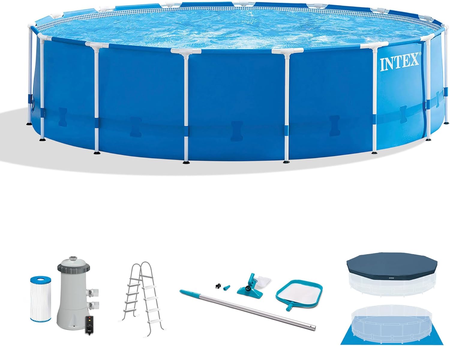 Intex Metal Frame 15' x 48" Round Above Ground Swimming Pool Set with Filter Pump, Ladder, and Cover with Maintenance Accessory Vacuum and Skimmer Kit Intex Metal Frame 15' x 48" Round Above Ground Swimming Pool Set with Filter Pump, Ladder, and Cover with Maintenance Accessory Vacuum and Skimmer Kit