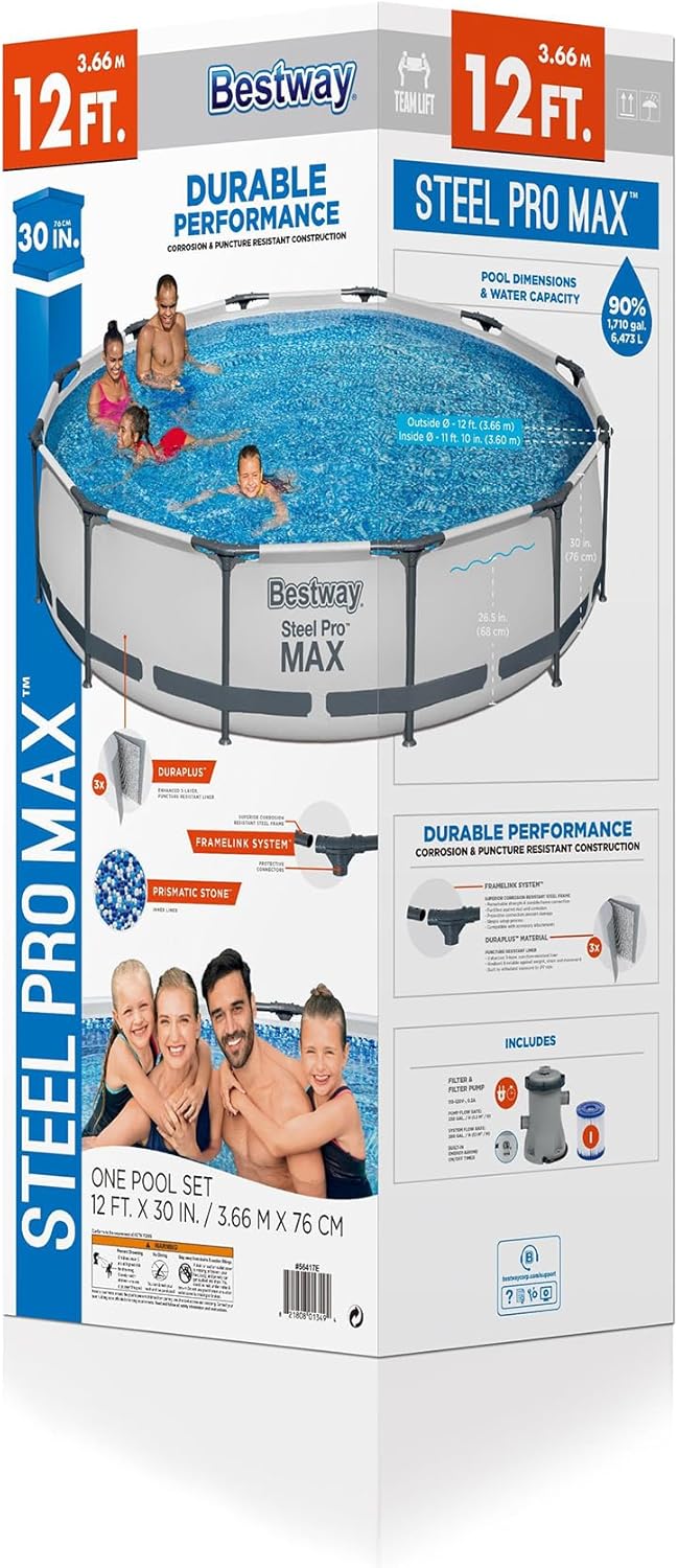 71VFYQAkMEL._AC_SL1500_.jpg Bestway Steel Pro MAX Above Ground Swimming Pool (12' x 30") | Round Outdoor Backyard Family Pool with Tritech® Puncture-Resistant Liner | Easy Setup | Includes Filter Pump for Clean, Clear Water