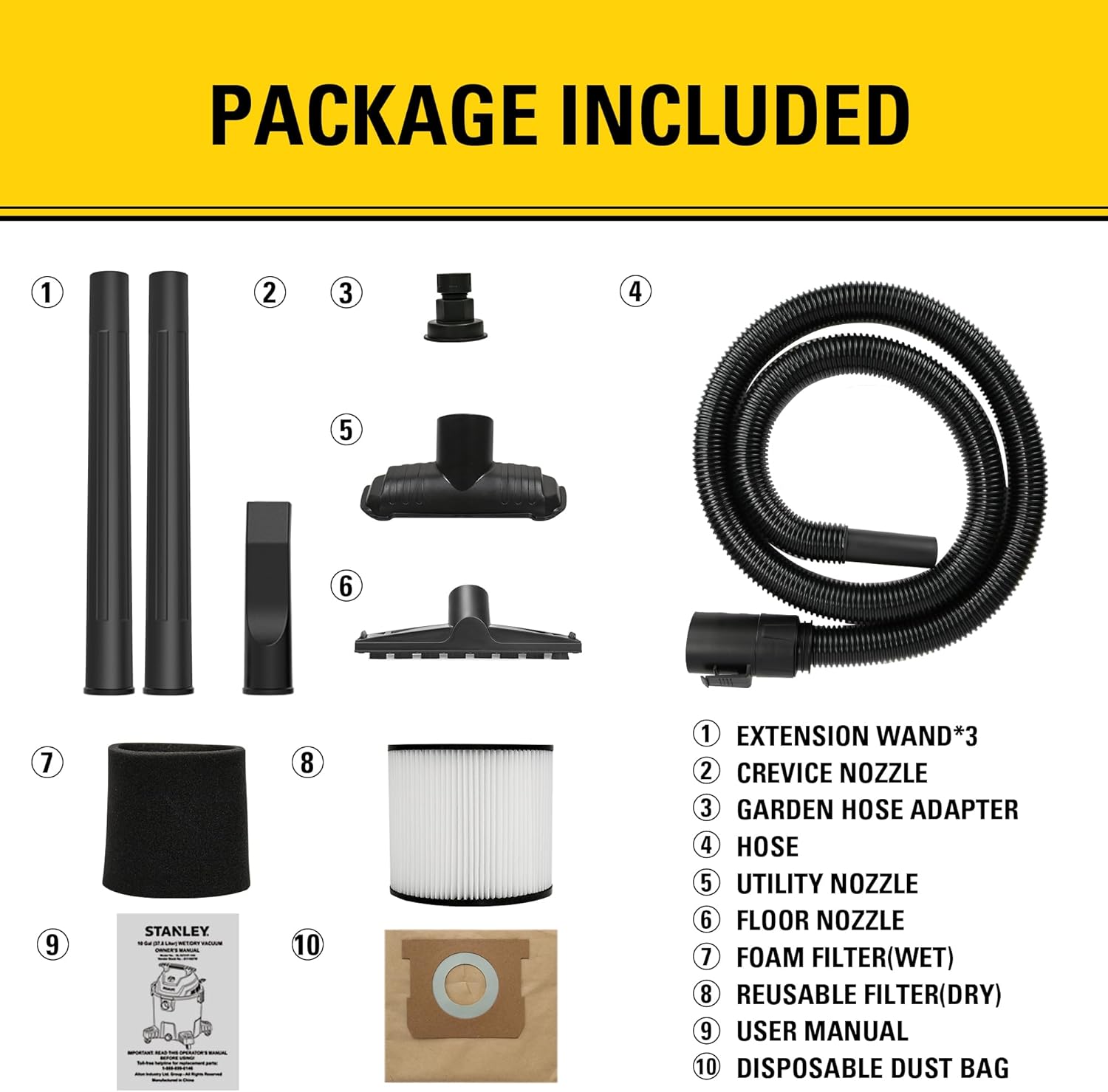STANLEY 10 Gallon Wet Dry Vacuum, 6 Peak HP Poly Built-in Drain Shop Vac Blower with Powerful Suction, Multifunctional Shop Vacuum W/ 6 Horsepower Motor for Job Site, Garage, Basement, Van, Workshop STANLEY 10 Gallon Wet Dry Vacuum, 6 Peak HP Poly Built-in Drain Shop Vac Blower with Powerful Suction, Multifunctional Shop Vacuum W/ 6 Horsepower Motor for Job Site, Garage, Basement, Van, Workshop - Image 8