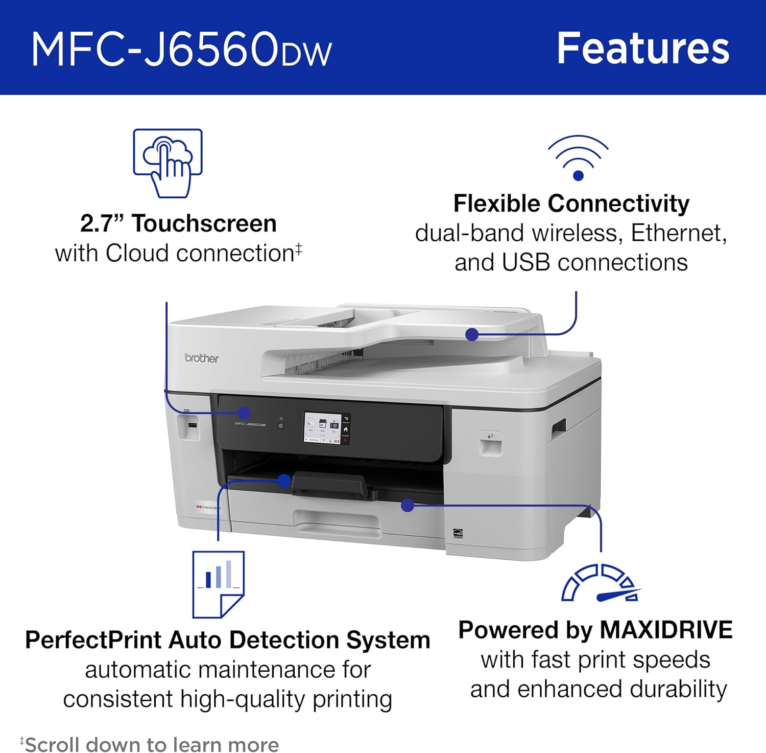 71XqdWoPMhL._AC_SL1500_.jpg Brother INKvestment 6560 Wireless Color Inkjet All-in-One Printer with 11”x17” Capabilities and 2.7” Color Touchscreen | Includes Refresh Subscription Trial(1) (MFC-J6560DW)