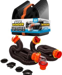 Camco RhinoFLEX 20 Ft RV Sewer Hose Kit with Flexible Sidewinder Support – Includes 4-in-1 Adapter, Clear Elbow and Caps – Fits 3” Slip and 3”, 3½”, 4” Threaded Connections
