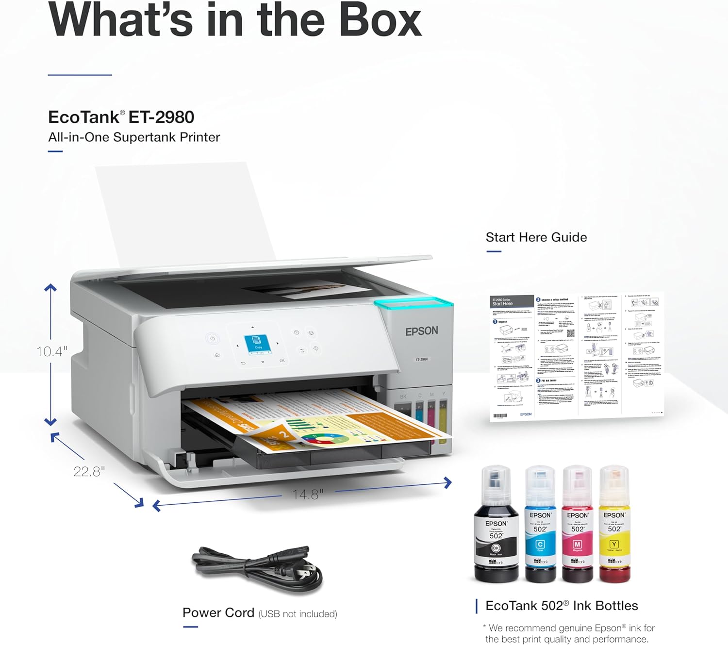 71azQA82dRL._AC_SL1500_.jpg Epson EcoTank ET-2980 Wireless All-in-One Color Supertank Printer with Refillable Ink Tanks, 3 Years of Ink, Mobile Printing, 15 PPM, Color Touchscreen, Auto 2-Sided, White