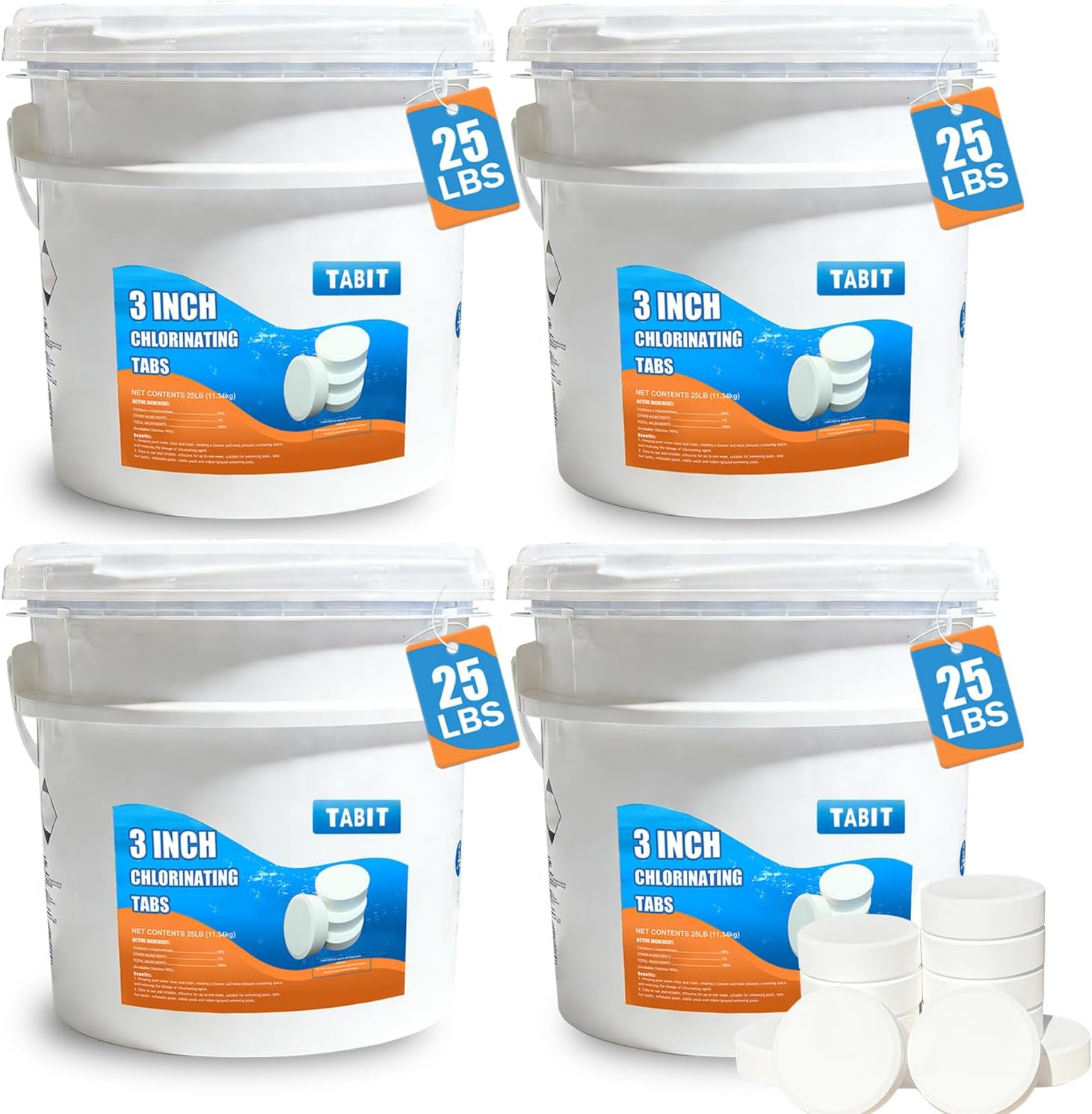 TABIT 100 lbs Chlorine Tablets 3 Inch for Swimming Pools – Slow Dissolving & Long Lasting – 90% Available Chlorine Tri-Chlor – Kills Bacteria & Stops Algae – 4 x 25 lb Buckets