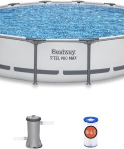 Bestway Steel Pro MAX 14' x 33" Round Above Ground Swimming Pool Set, 530 GPH Filter Pump, Tritech Puncture Resistant Liner, ClickConnect Steel Frame, Gray