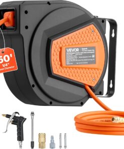 VEVOR Retractable Air Hose Reel, 1/4 Inch x 50 FT Hybrid Air Hose Max 300PSI, Enclosed Air-Compressor Hoses Reel Auto Rewind with 6.6 ft Lead in & Blow Gun, 180° Swivel Ceiling/Wall Mount