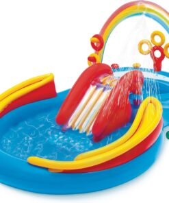 Intex 57453EP 9.75 Foot x 6.3 Foot x 53 Inch Multicolor Rainbow Slide Kids Inflatable Pool with Water Slide and Ring Toss for Children Ages 2 and Up