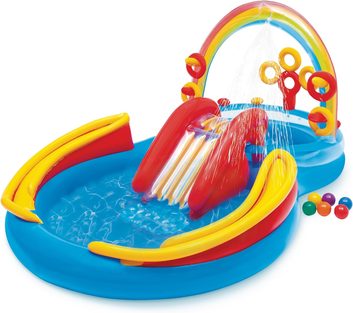 Intex 57453EP 9.75 Foot x 6.3 Foot x 53 Inch Multicolor Rainbow Slide Kids Inflatable Pool with Water Slide and Ring Toss for Children Ages 2 and Up Intex 57453EP 9.75 Foot x 6.3 Foot x 53 Inch Multicolor Rainbow Slide Kids Inflatable Pool with Water Slide and Ring Toss for Children Ages 2 and Up