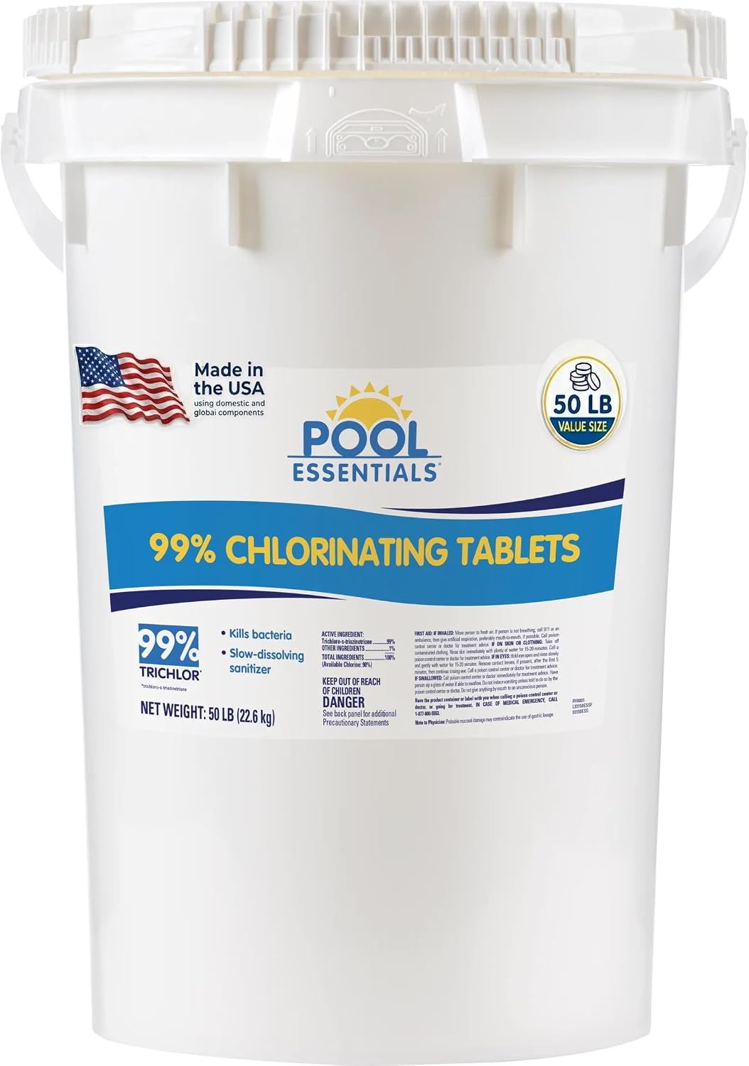 Pool Essentials® 3 Inch Chlorine Tablets, Kills Bacteria, Long Lasting, Slow-Dissolving sanitizer, with 99% Trichlor, for Feeder, Skimmer or Floater - 50LB