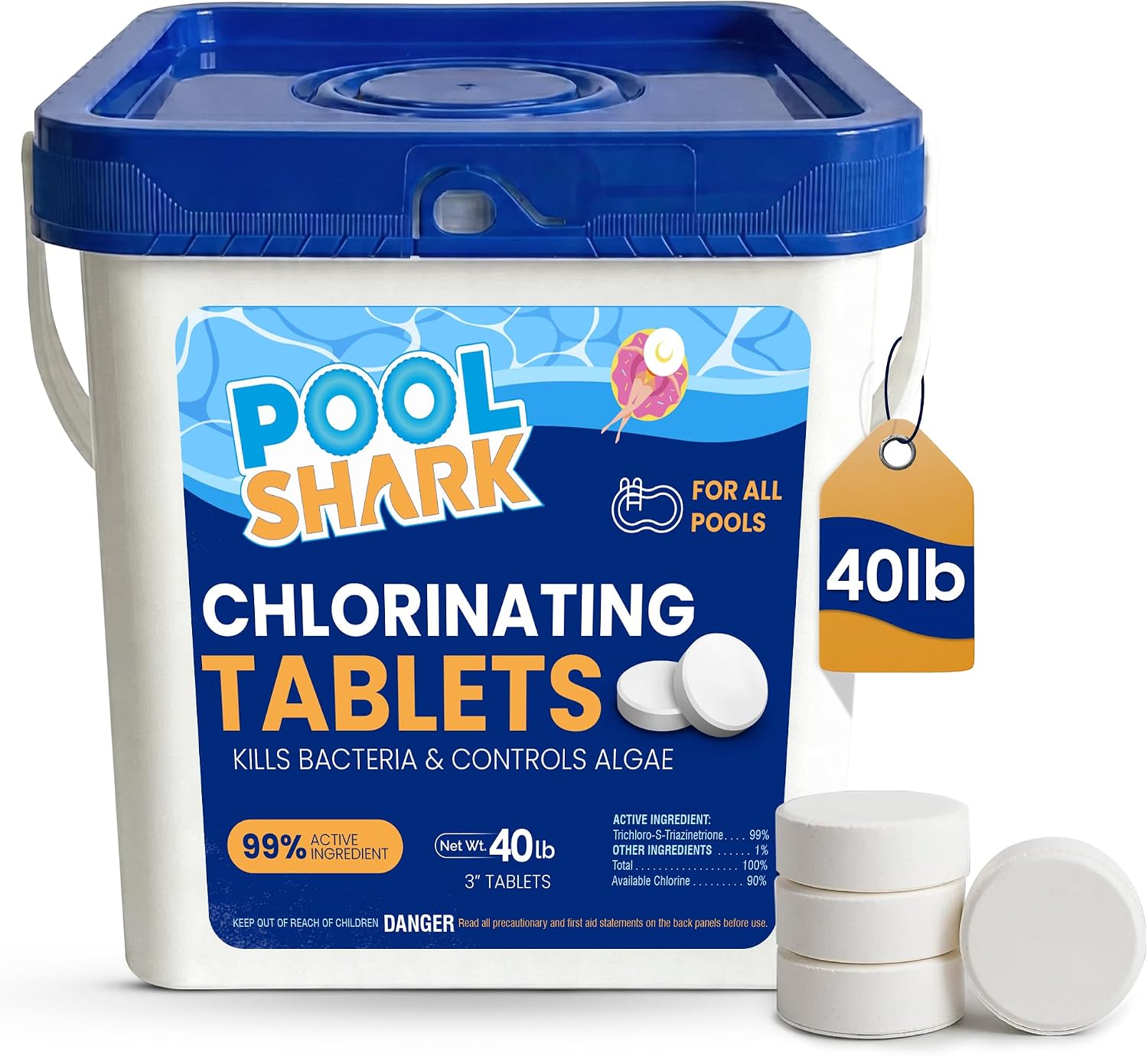 Pool Shark Swimming Pool Chlorine Tablets | 40 lbs | 3-Inch Chlorine Tablets | Slow-Dissolving 90% Active Chlorine Tabs | Pool Chemicals for Inground Pools, Above Ground Pools, Saltwater, Spa, Hot Tub