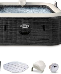 INTEX PureSpa Greystone Deluxe 6 Person Square Inflatable Hot Tub, Bubble Massage Spa Set with Energy Efficient Cover, 2 Headrests, & LED Light, 77 in x 28 in
