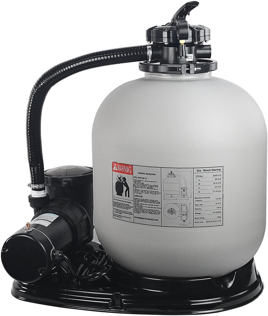 XtremepowerUS Sand Filter Pump System for Above Ground Swimming Pool, Multi-Port Valve, 2,220–4,500 GPH, Up to 18,000 Gallons, Multiple Sizes (19" Sand Filter with 1.5HP Pump)