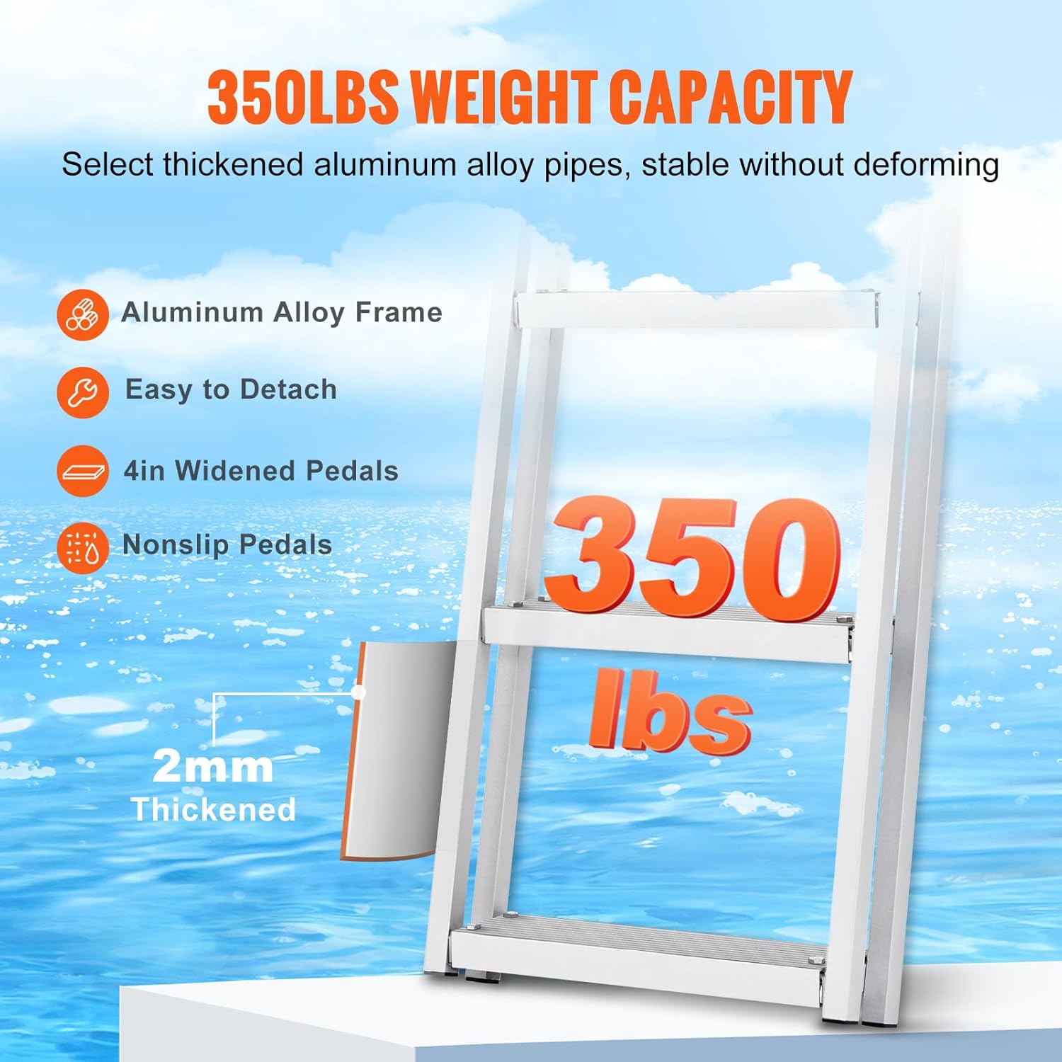 71iYYyrvbdL._AC_SL1500_.jpg VEVOR Removable Dock Ladder 5 Steps, 350 lbs Load Capacity, Pontoon Boat Ladder with 4'' Wide Step & Nonslip Mat for Ship/Lake/Pool/Marine Boarding