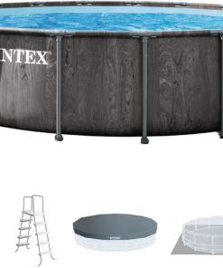 INTEX 26741EP Prism Frame 15 ft x 48 in Above Ground Pool Set, Round Swimming Pool with Steel Frame, 1000 GPH Cartridge Filter Pump, Ladder, Cover, & Ground Cloth