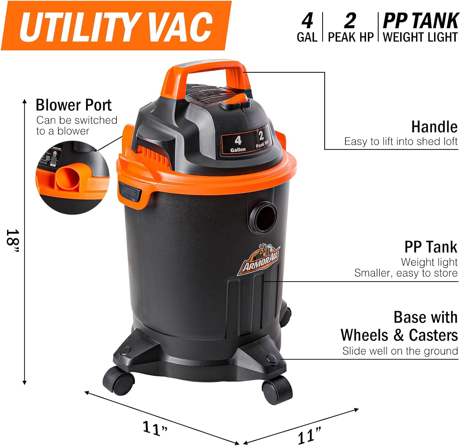 Armor All VO405P 0901 4 Gallon Wet/Dry Vac 2.0 Peak HP Shop Vacuum with Nozzles & Brush,Black/Orange Armor All VO405P 0901 4 Gallon Wet/Dry Vac 2.0 Peak HP Shop Vacuum with Nozzles & Brush,Black/Orange - Image 2