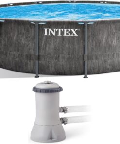Intex Greywood Prism Frame 15' x 48" Round Above Ground Outdoor Swimming Pool Set with 1000 GPH Filter Pump, Ladder, Ground Cloth, and Pool Cover