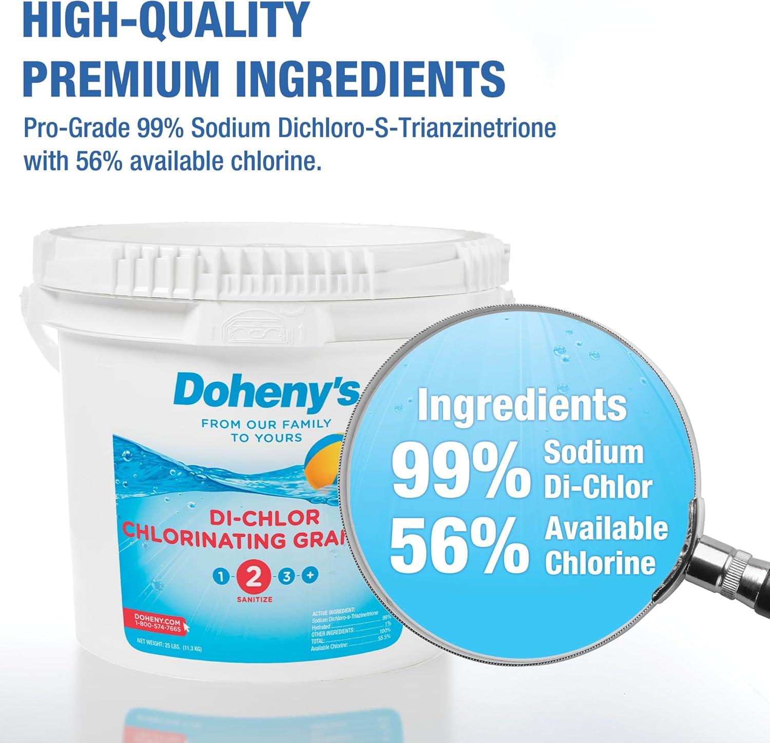 71q6yf7OeWL._AC_SL1500_.jpg Doheny's Di-Chlor Granular Chlorine | Pro-Grade 3-in-1 Pool Sanitizer, Shock & Algaecide | Fast-Dissolving, Calcium-Free, No Residue | 99.5% Sodium Dichlor with 56% Stabilized Chlorine | 25lb Bucket