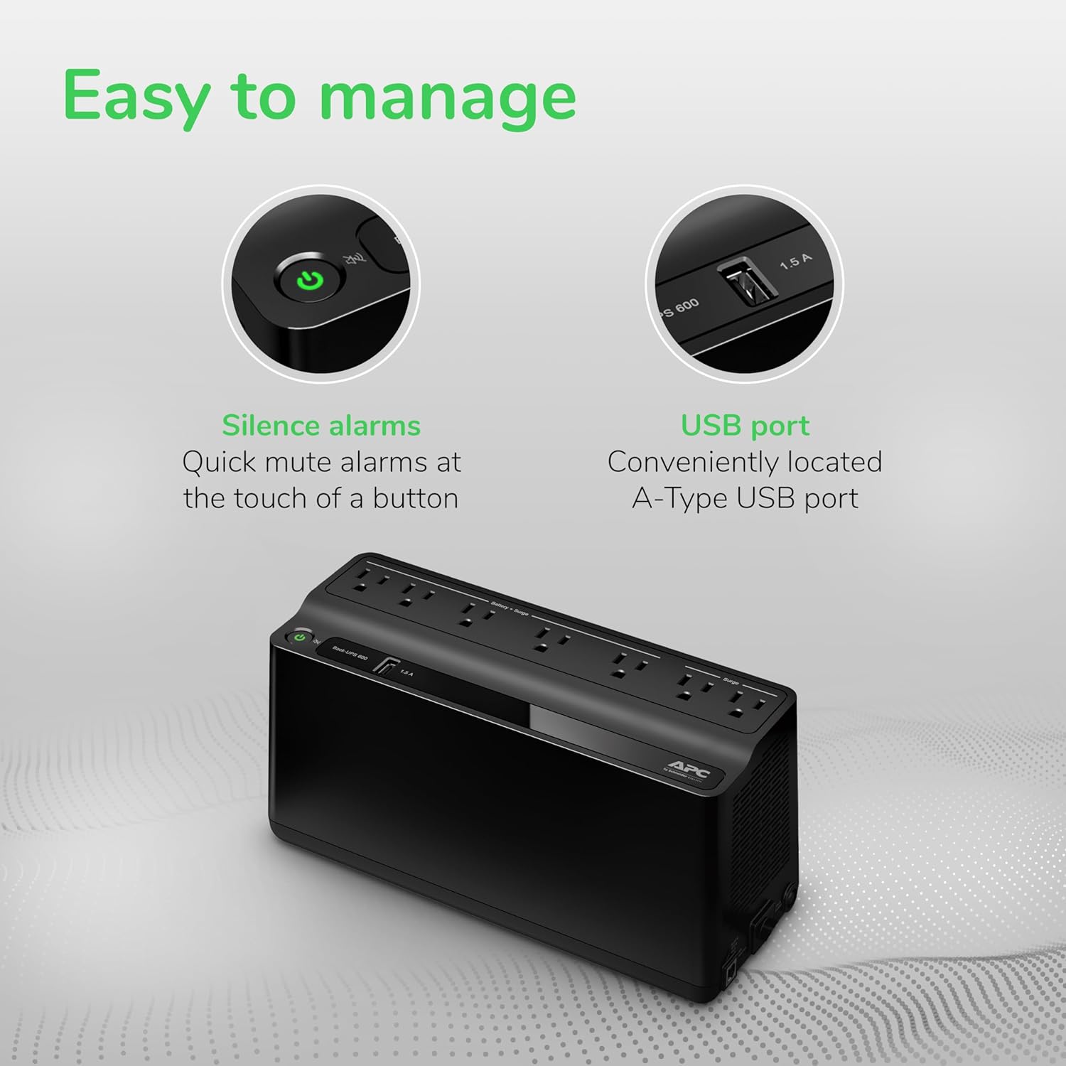 APC UPS Battery Backup for Power Outages, 600VA/330W Surge Protector, 7 Outlets, USB Charging, BE600M1 Uninterruptible Power Supply for Computers, Wi-Fi Routers, and Home Office Electronics APC UPS Battery Backup for Power Outages, 600VA/330W Surge Protector, 7 Outlets, USB Charging, BE600M1 Uninterruptible Power Supply for Computers, Wi-Fi Routers, and Home Office Electronics - Image 3