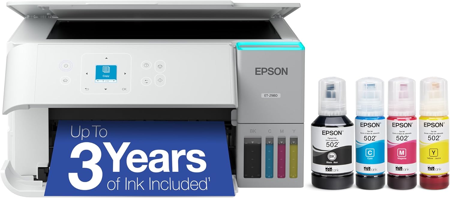 Epson EcoTank ET-2980 Wireless All-in-One Color Supertank Printer with Refillable Ink Tanks, 3 Years of Ink, Mobile Printing, 15 PPM, Color Touchscreen, Auto 2-Sided, White