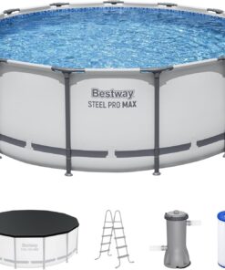 Bestway Steel Pro MAX 13' x 48" Above Ground Pool, Round Metal Frame Outdoor Swimming Pool Set with Filter Pump, Ladder, and Cover, Gray