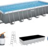 Bestway Power Steel 24’ x 12' x 52” Above Ground Pool, Rectangular Metal Frame Outdoor Swimming Pool Set with Sand Filter Pump, Ladder, and Cover