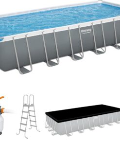 Bestway Power Steel 24’ x 12' x 52” Above Ground Pool, Rectangular Metal Frame Outdoor Swimming Pool Set with Sand Filter Pump, Ladder, and Cover
