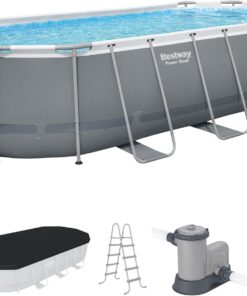 Bestway Steel Pro MAX 18' x 9' x 48" Above Ground Pool, Oval Metal Frame Outdoor Swimming Pool Set with Filter Pump, Ladder, and Cover, Gray