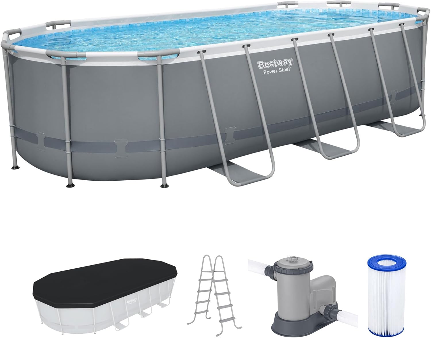 Bestway Steel Pro MAX 18' x 9' x 48" Above Ground Pool, Oval Metal Frame Outdoor Swimming Pool Set with Filter Pump, Ladder, and Cover, Gray Bestway Steel Pro MAX 18' x 9' x 48" Above Ground Pool, Oval Metal Frame Outdoor Swimming Pool Set with Filter Pump, Ladder, and Cover, Gray