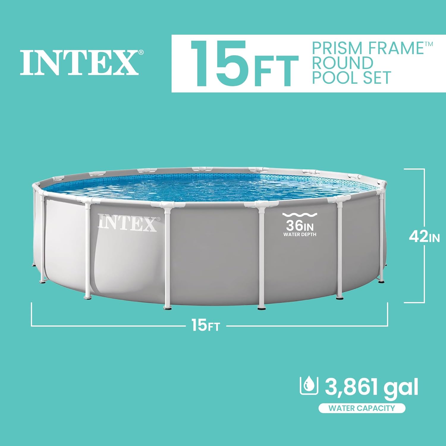 71t18onkaAL._AC_SL1500_.jpg INTEX Prism Frame 15 ft x 42 in Above Ground Pool Set, Round Swimming Pool with Steel Frame, 1000 GPH Cartridge Filter Pump, Ladder, Cover, & Ground Cloth