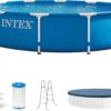 Intex 12' x 30" Round Metal Frame Outdoor Above Ground Swimming Pool Set with Filter Pump, Cartridges, 42 Inch Steel Pool Ladder, and Secure Cover