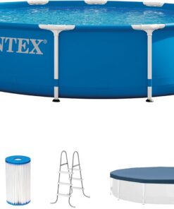 Intex 12' x 30" Round Metal Frame Outdoor Above Ground Swimming Pool Set with Filter Pump, Cartridges, 42 Inch Steel Pool Ladder, and Secure Cover