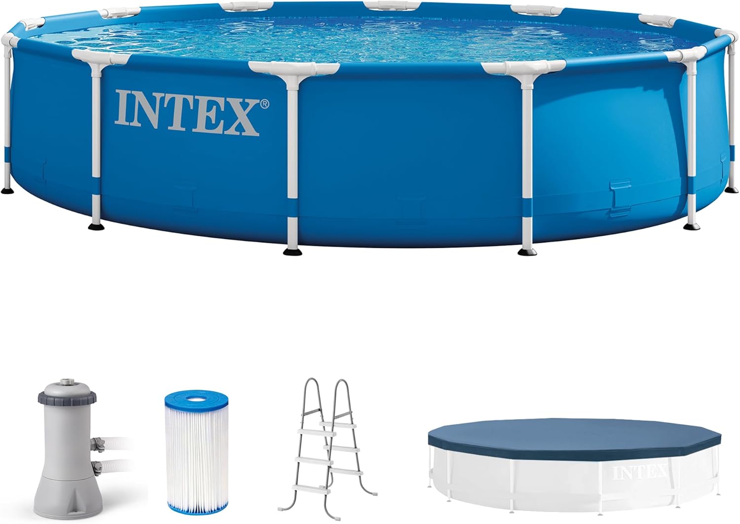 Intex 12' x 30" Round Metal Frame Outdoor Above Ground Swimming Pool Set with Filter Pump, Cartridges, 42 Inch Steel Pool Ladder, and Secure Cover