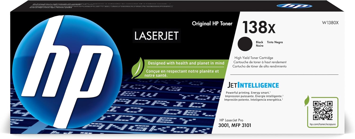 HP 138X Black High-Yield Toner Cartridge | Works LaserJet Pro 3001 Series, LaserJet Pro MFP 3101 Series | W1380X