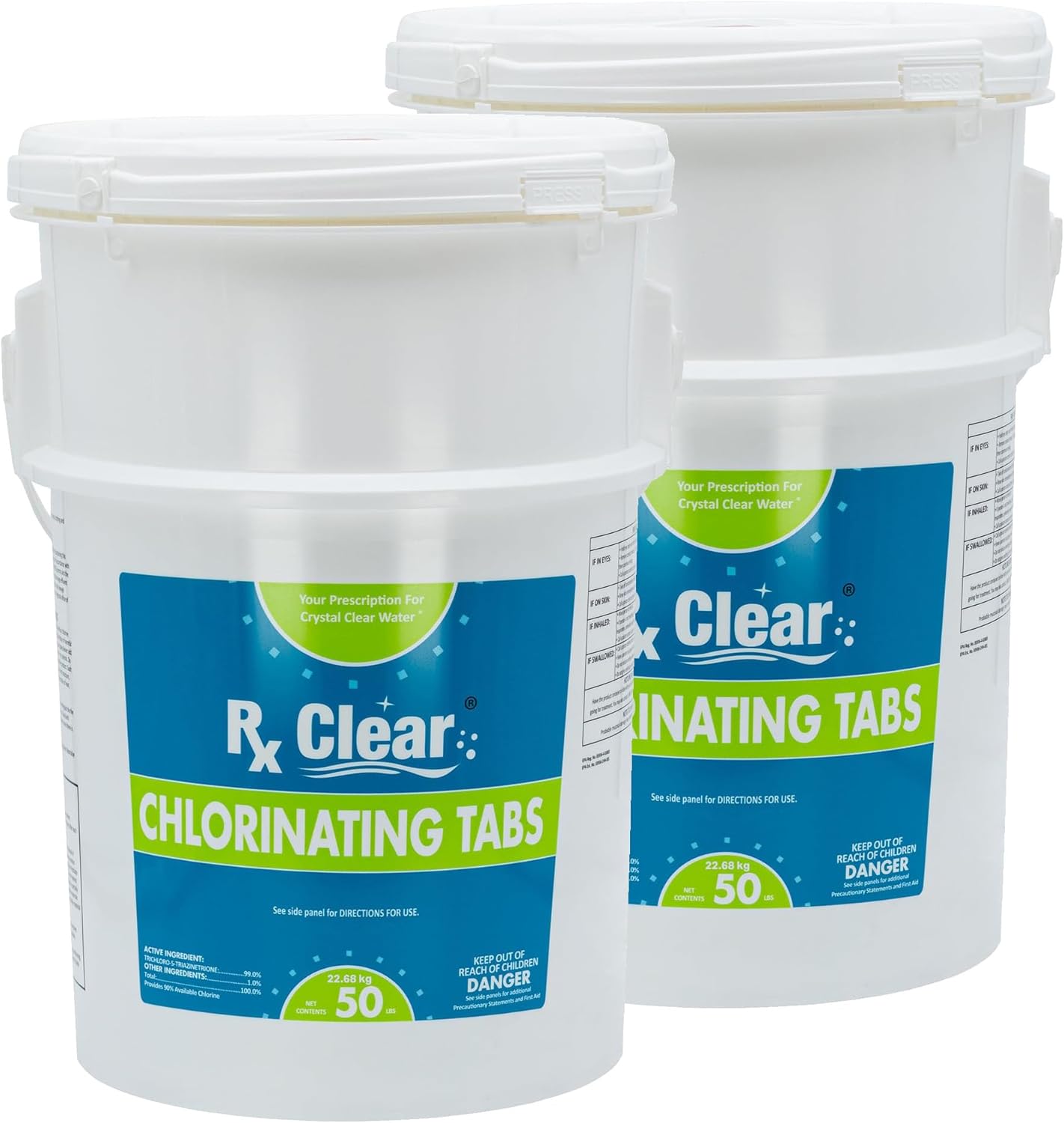 Rx Clear 3" Inch Chlorine Tabs | 100 Pounds | Individual Stabilized Chlorinating Tablets for Sanitizing Swimming Pools | Long Lasting, Slow Dissolving, and UV Protected (2 x 50 LB Buckets)