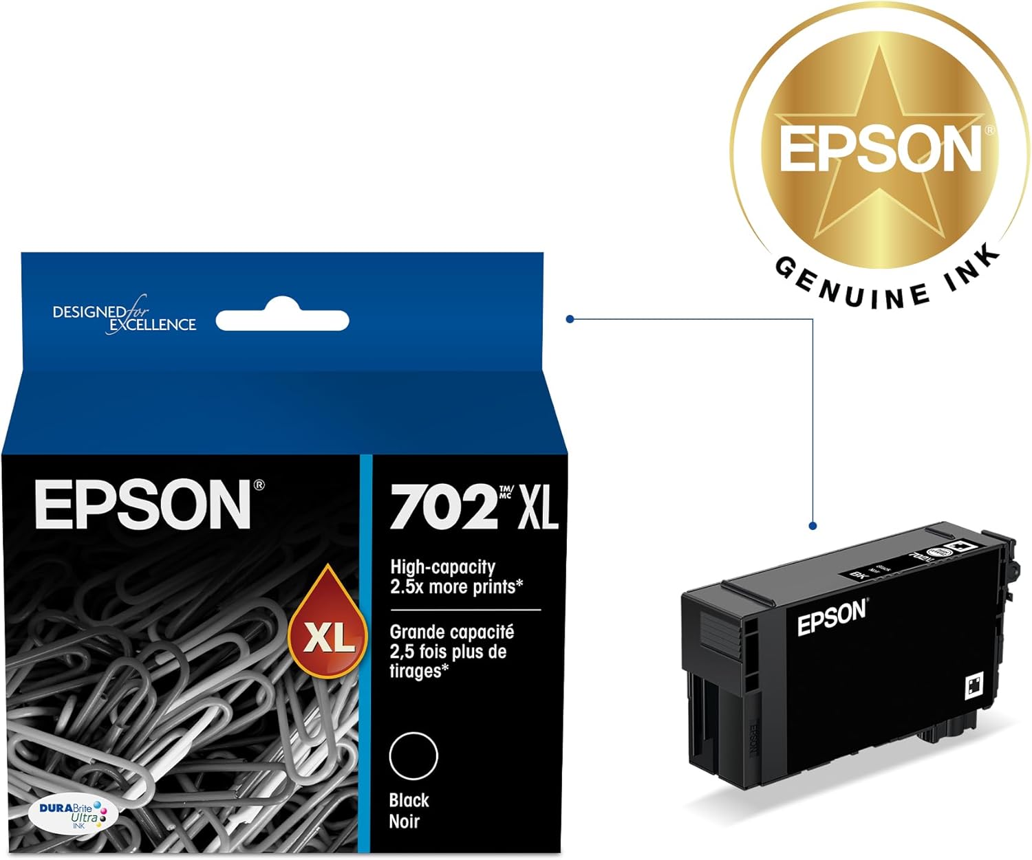 71yF25gBzwL._AC_SL1500_.jpg EPSON 702 DURABrite Ultra Ink High Capacity Black Cartridge (T702XL120-S) Works with WorkForce Pro WF-3720, 3730, 3733