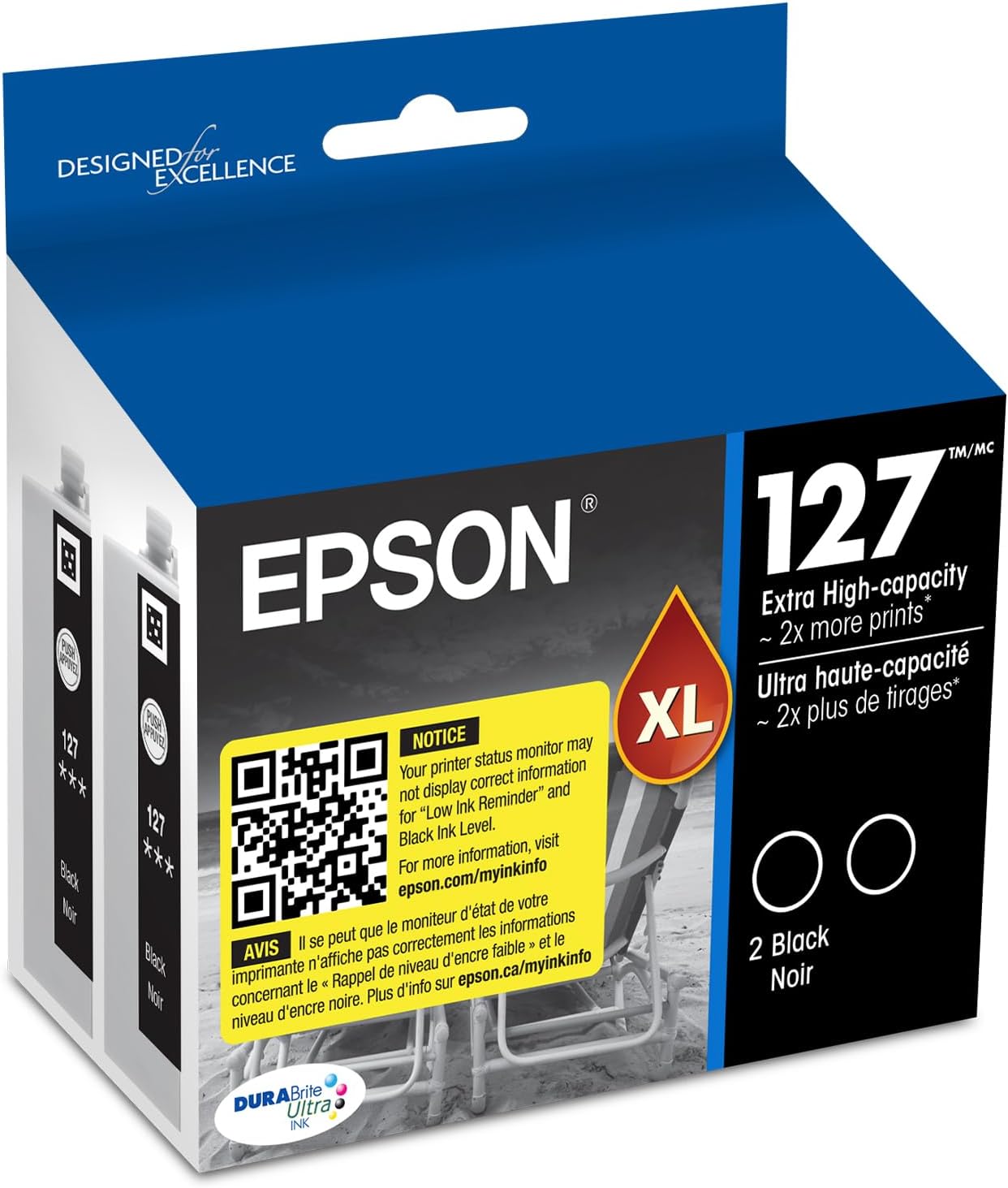 EPSON 127 DURABrite Ultra Ink Black Dual Cartridge Pack For NX-530, 625, WF-3520, 3530, 3540, 545, 60, 630, 633, 635, 645, 7010, 7510, 7520, 840, 845