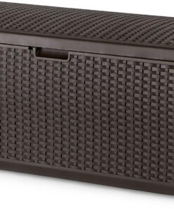 Suncast Outdoor Storage Box - 73 Gallon Mocha Brown Deck Box for Patio, weather-resistant Outdoor Storage Bench, Resin Wicker Style, Heavy-Duty, Lockable Lid for Cushions, Shoes, Pool & Garden Gear
