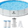SLOOSH Round Above Ground Pool - 15ft x 42inch Outdoor Round Frame Above Ground Swimming Pool Set Kiddie Pool for Kids Adults with Filter Pump Ladder