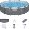 Bestway Steel Pro MAX 15' x 42" Above Ground Pool, Round Metal Frame Outdoor Swimming Pool Set with LED Light, Filter Pump, Ladder, & Cover, Dark Gray