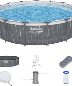 Bestway Steel Pro MAX 15' x 42" Above Ground Pool, Round Metal Frame Outdoor Swimming Pool Set with LED Light, Filter Pump, Ladder, & Cover, Dark Gray