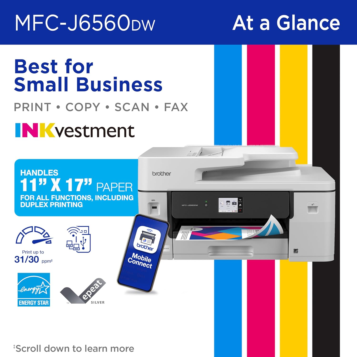 8104KOon81L._AC_SL1500_.jpg Brother INKvestment 6560 Wireless Color Inkjet All-in-One Printer with 11”x17” Capabilities and 2.7” Color Touchscreen | Includes Refresh Subscription Trial(1) (MFC-J6560DW)